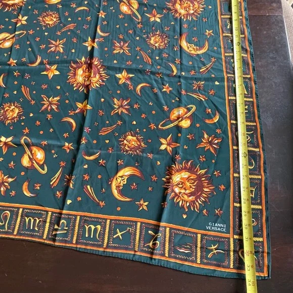 Gianni Versace Vintage Silk Scarf Celestial Zodiac Sun Moon Teal Green 34x34 - Picture 7 of 10